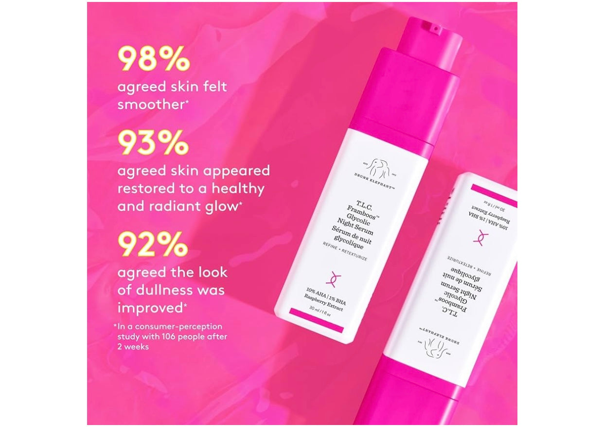 Drunk Elephant T.L.C. Framboos Glycolic Night Serum, an exfoliating AHA/BHA night serum
