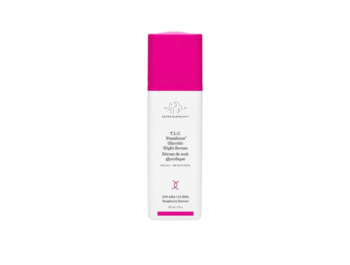Drunk Elephant T.L.C. Framboos Glycolic Night Serum, an exfoliating AHA/BHA night serum